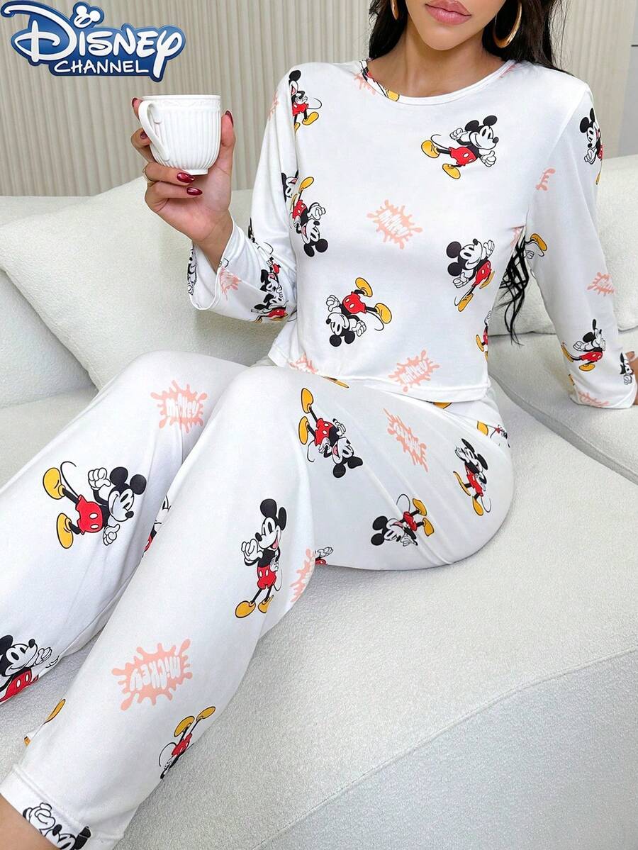 Disney 2 piezas Conjunto de pijama de mujer con diseño de dibujos animados lindos, 1 top de manga larga con cuello redondo con estampado total y 1 pantalón, cómodo y holgado, adecuado para primavera, verano y otoño - Blanco - Ver 1