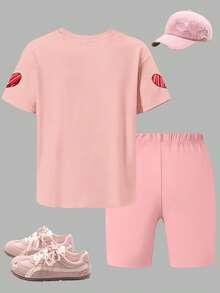 Conjunto de camiseta e shorts para meninas, roupa casual juvenil, estilo moderno e personalizado, ideal para escola, férias e uso diário, conjunto perfeito para primavera/verão. - Rosa - Ver 3