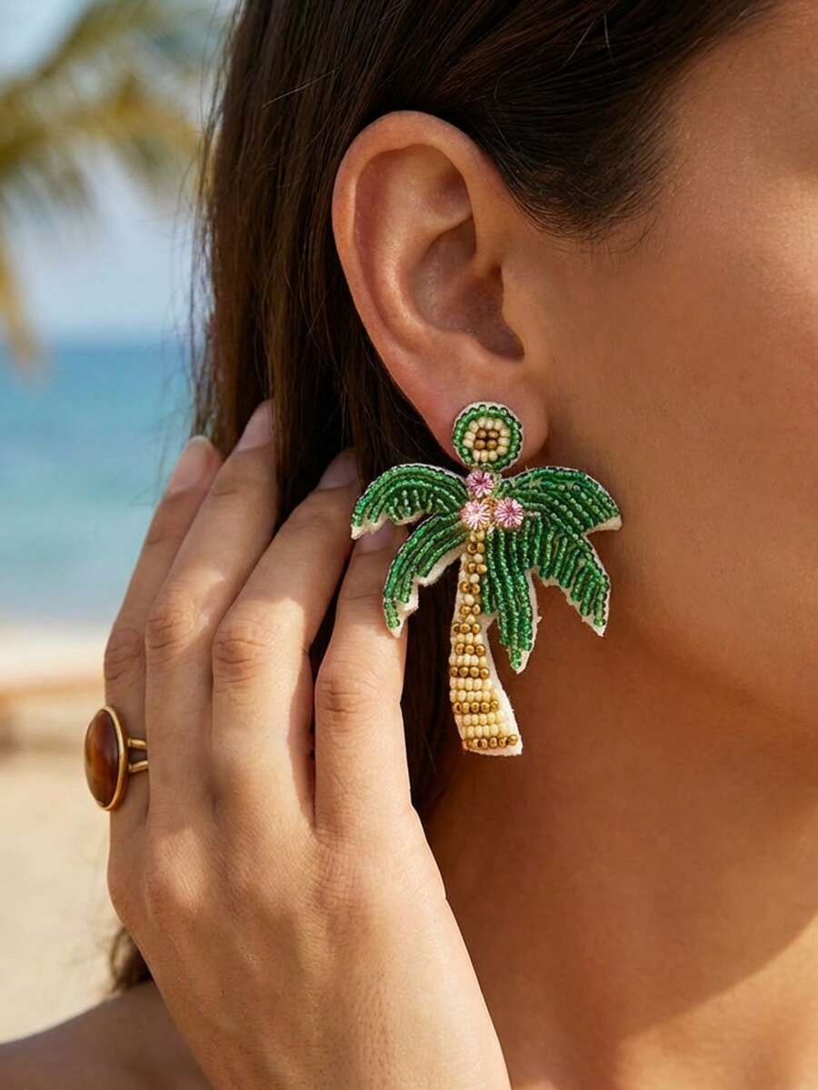 1 par de pendientes con forma de árbol de coco verde fresco estilo playa para vacaciones de verano, pendientes bohemios hechos a mano con cuentas de semilla creativos y novedosos, adecuados para el uso diario y de vacaciones de las mujeres (el color, la cantidad y la posición de las cuentas de semilla hechas a mano son aleatorios) - Verde - Ver 1