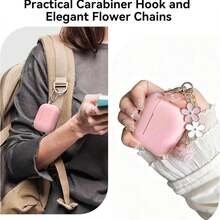 1 Set Apple Protective Case, Silicone Solid Color Integrated Earphone Cover With Flower Hanging Chain, Carabiner And Cleaning Brush, Suitable As Gift - 粉色 - 查看 3