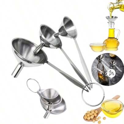 3/6-delars trattset i rostfritt stål, minitratt med långt handtag, bärbar tratt i rostfritt stål, köksredskap/hållbara och lätta att rengöra - inkluderar små, medelstora och stora storlekar, utformade för att hälla flaskor, perfekt för att överföra oljor, vätskor, kryddor, torra ingredienser och pulver, eterisk metalltratt för kök och matsal, snygg trattdesign
