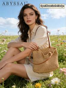 Large Capacity Handmade Woven Straw Bag For Women, 2026 New Beach Holiday Shoulder Tote Bag, Commuter Friendly , Summer,2026 New Summer Woven Tote Bag For Women, Minimalist Hollow Out Straw Bag,New Woven Bag For Women, Lazy Style Large Capacity Crossbody Shoulder Handbag, Lazy Versatile Shoulder Bag For Vacation, New Arrival Women's Large Capacity Crochet Tote Bag - Summer Beach Vacation Open Weave Straw Bag - Boho Shoulder Crossbody Travel Tote For Shopping,Large Capacity Lazy Style Shoulder Bag, Versatile For Beach Vacation, Commute & Travel, Cute Small Fresh Niche Design,Dating,Gift For Girlfriend, Valentine's Day Gift,[US Local Warehouse] - 彩色 - 查看 10