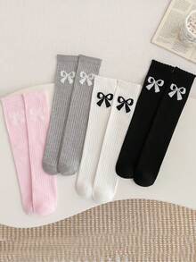 1双/4双装 儿童春夏新款过膝袜，学院风小腿袜，带荷叶边和大蝴蝶结，女童长筒袜 - 彩色 - 查看 14