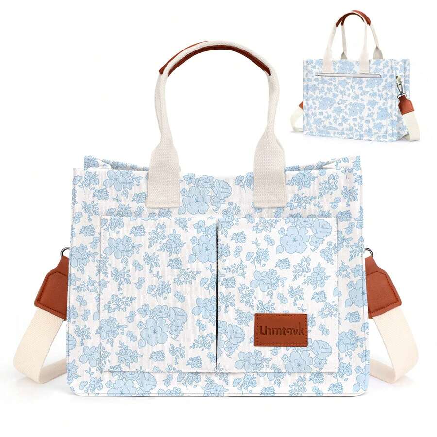 Large Capacity Canvas Tote Bag For Women,Women's Bags Crossbody Bags Work Laptop Tote Bag Large Handbags Purse, With Zipper Closure & Individual Compartments For Work College For Teacher & Nurse Crossbody Work Bible Messenger Purse Bag With Pockets - 小藍花 - 查看 1