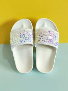 Girls' Glitter Fashion Casual Slippers, Soft & Comfortable Shiny Flat Slides, Suitable For Indoor & Outdoor Wear All Seasons - White - View 5
