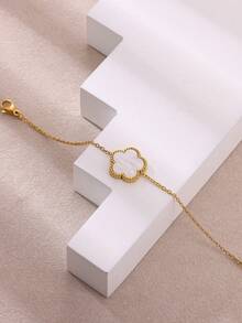 1Pc Or 1Set Elegant Five Leaf Clover Necklace & Bracelet Jewelry Set, 18K Gold Plated Stainless Steel Necklace & Bracelet, Women's Jewelry Set, Lucky Charm Jewelry For Daily Wear, Valentine's Day Gift, Mother's Day Gift - Five-leaf Clover - View 7