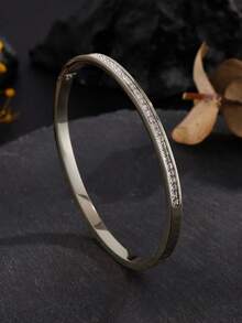 1/3pcs Set Stainless Steel 18K Gold Plated Diamond Heart Bangle, 14K Gold Copper Zirconia Open Cuff Bracelet, Fashion Women Daily Wear Holiday Gift Set - Silver - View 4