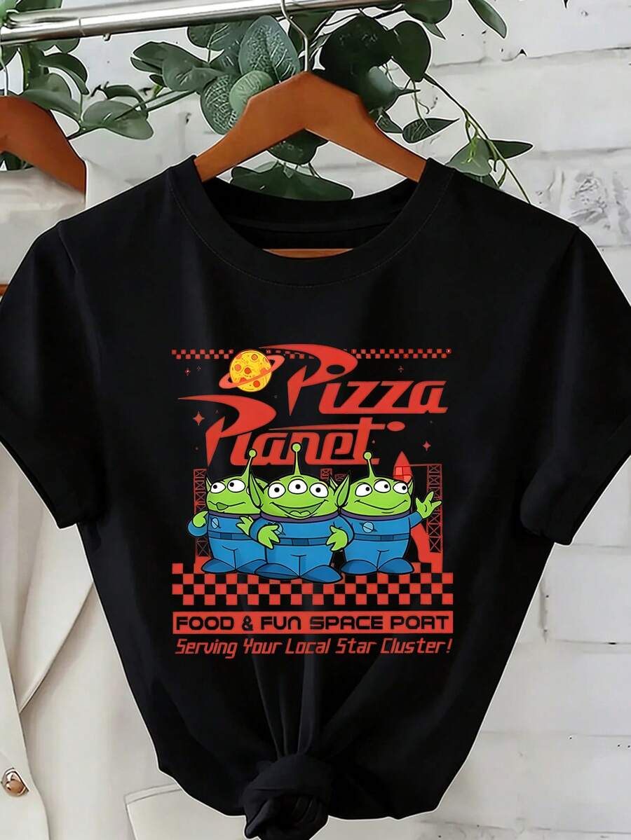 Disney Loose Fit Toy Story Three Eyed "Pizza Planet" Spaceport Printed T-Shirt, Suitable For Summer And Spring, Short Sleeved Tops, Women's Clothing, Holiday Gift Party Costumes. - màu đen - Xem 1