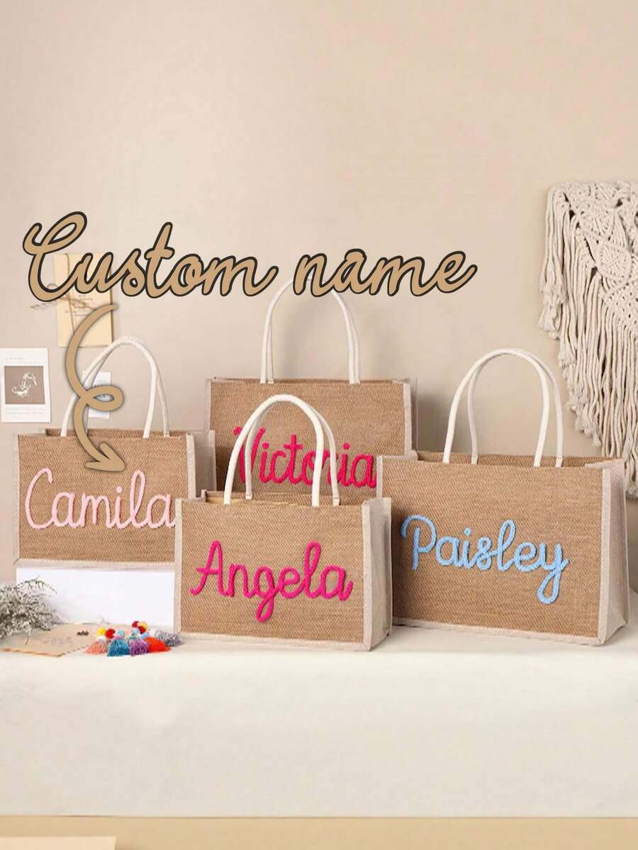1PC Personalized Bridesmaid Name Linen Tote Bag Gift, Custom Bridesmaid Gift, Beach Tote Bag With Handles, Customizable Name, Suitable For Women And Girls, Singles Party Gift, Mother's Day, Graduation Ceremony, School Supplies - Multicolor - View 1