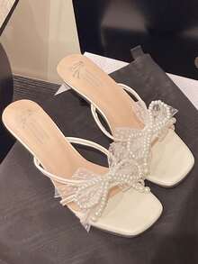 Tacones altos de punta fina con lazo de strass plateado, de tacón alto y delgado, de estilo slip-on - Beis - Ver 4