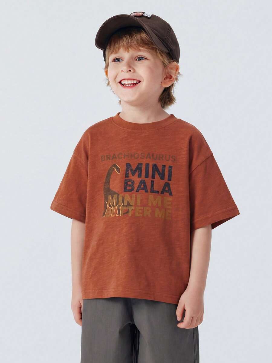 Áo thun dệt kim họa tiết khủng long 100% cotton dành cho bé trai, mềm mại, thoáng khí, nhẹ, kiểu dáng thường ngày, hàng mới năm 2026. - gạch đỏ - Xem 1