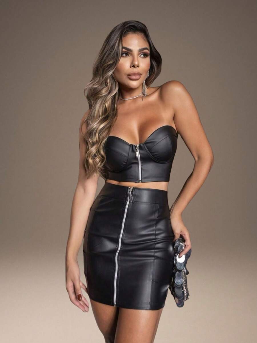 Cropped Top And Leather Skirt Set Strapless With Zipper Women's Cropped Cropet - màu đen - Xem 1