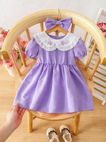 Lindo vestido morado con mangas abullonadas y pliegues para bebé niña (incluye diadema con lazo), cuello con ribete de encaje y estampado de plantas, vestido estilo princesa dulce y diadema, set de 2 piezas - Púrpura malva - Ver 2