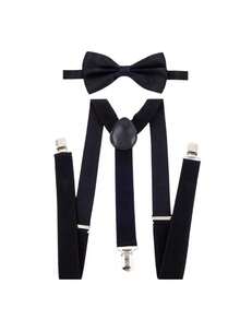 1 Set Unisex Solid Color Bow Tie, Suspenders, Pants Braces Suit, Suitable For Casual, Cocktail Party, Holiday Events Outfit Matching - Black - View 1
