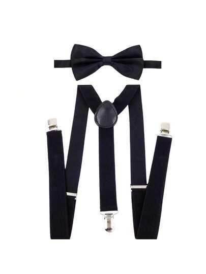 1 Set Setelan Unisex Warna Polos dengan Dasi Kupu-kupu, Suspender, dan Celana Panjang, Cocok untuk Acara Kasual, Pesta Koktail, dan Liburan.