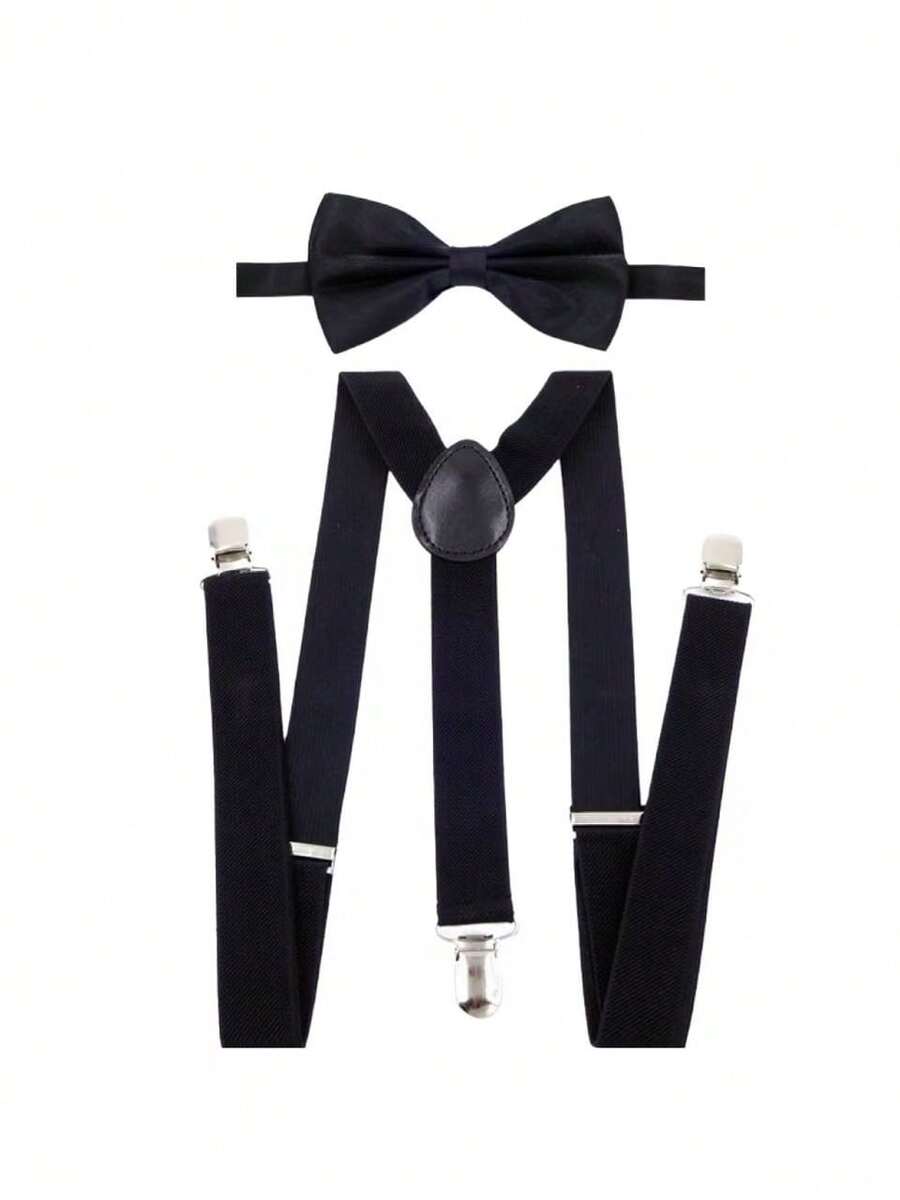 1 Set Unisex Solid Color Bow Tie, Suspenders, Pants Braces Suit, Suitable For Casual, Cocktail Party, Holiday Events Outfit Matching - Black - View 1