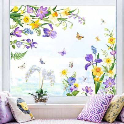 1 Set Art Deco Spring Plants Floral Window Clings - Self-Adhesive Plastic Butterfly Stickers For Living Room Bedroom Decor - Single Use, Decorative Wall And Glass Door Decals