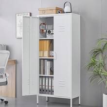 Armoire métallique 2 portes avec étagères, meuble de rangement en acier pour vêtements, salon, bureau, chambre et gym - Blanc - Blanc + Métal + Classique - Voir 2