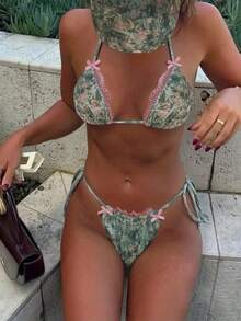 2026 Women's Random Print Spaghetti Strap Sexy Bikini Set, Elegant Beach Summer Swimwear, Suitable For Summer Vacation, Carnival, Casual, Chic - Multicolor - View 1