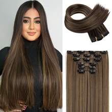 FLUFYMOOZ 6PC Extensiones de Cabello con Clip, juego de 6 extensiones de cabello con clip, 61, lisas, largas, extensiones para mujeres, postizo sintético (Marrón con reflejos rubios) - Negro - Ver 2