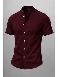 Men's Dress Shirt With Mandarin Collar, Slim Fit, Short Sleeve, Wrinkle-Free, Casual Summer Style - Màu Đỏ Sâu - Xem 1