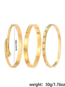 3/1 Stück goldenes Schmuckset, zurückhaltender Luxus und elegantes Edelstahl-Armband, perfekt für Dates, lebendige Partys, tägliche Routinen und als Geschenk, mit einer Mischung aus schlangenverzierter Formgebung und linearen eingelegten Details - Gold - Übersicht 2