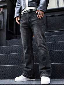 BAZR Men's Flared Jeans, Slim Fit Distressed Flare Leg Jeans, Y2K Stacked Jeans, Contrast Wash Embroidered Jeans, Suitable For All Seasons - Black - View 6