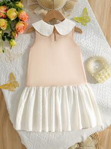 Summer Young Girls' Casual Dress, Lapel Sleeveless Back Keyhole Design, Pleated Button Decor, Fashionable Elegant Minimalist Girls' Dress, Suitable For Party, Daily Wear, Gathering - Apricot - View 2