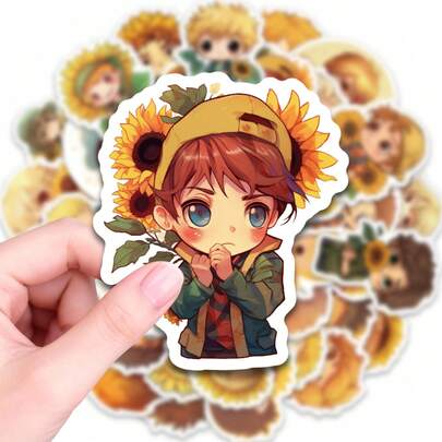 50 PCS Cartoon Sunflower Themed Stickers, Vibrant Anime Character Decals With Floral Accents, Waterproof Vinyl Stickers For Water Bottles, Laptops, Skateboards, Journals, Phone Cases, Ideal For Personalizing Daily Items, Decorating Party Favors, Scrapbooking, Craft Projects, And Gifting To Friends Who Love Whimsical Art And Nature-Inspired Designs