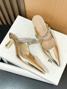 Xin Jing Shoes Giày cao gót vừa phải, mũi nhọn, gợi cảm, quai ngang, thích hợp cho nữ, đi làm hàng ngày và dự tiệc. - Vàng - Xem 10
