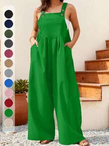 Plus Size Women's Pleated Wide Leg Casual Solid Color Jumpsuit With Pockets, Summer Clothing For Women Spring - Green - View 1