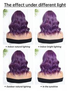 14英寸紫色短款波浪卷发假发，带刘海，蓬松卷曲中长款合成纤维假发，适合派对、日常佩戴、万圣节、圣诞节、新年、音乐节、化装舞会等场合，是女孩的理想之选，也是毕业礼物、万圣节和圣诞节礼物。 - 紫色 - 查看 9