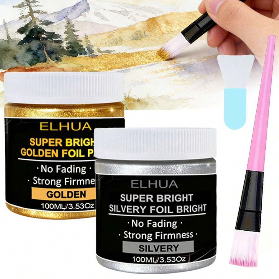 Bộ sơn acrylic vàng/bạc ELHUA kèm cọ và dao trộn màu, thích hợp để vẽ tranh trên đá, gỗ, vải, gốm sứ, canvas, đa năng.