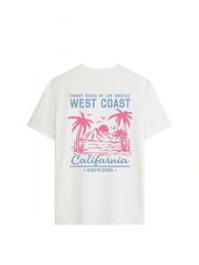 Camiseta de manga corta con cuello redondo para mujer, estilo casual de verano, con estampado de palmera y eslogan, sencilla y versátil, adecuada para uso diario. Camiseta con estampado, Top blanco, Vacaciones - Blanco 4 - Ver 4