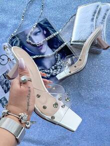 Women's Mule Sandal With Vinyl Rhinestones / Transparent, Elegant, 7cm - Holographic - 白色 - 查看 7