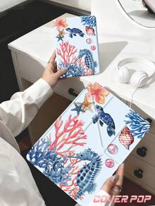蓝色海洋元素，海龟、海星、珊瑚、珍珠、芙蓉花图案，兼容 iPad Air 8 (M4) 2026 (11 英寸)、Air 8 (M4) 2026 (13 英寸)、(A16) 第 11 代 11 英寸 2025、Apple Air 11 (2025)、第 10 代 10.9 英寸 2022，带 Apple Pencil 插槽，三折支架保护套，自动唤醒/睡眠功能，是返校、情人节、节日的可爱礼物。 - 彩色 - 查看 9