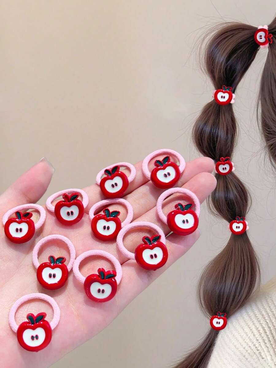 10 pièces/paquet Mini Chouchous décoratifs de fruits mignons, Supports de queue de cheval à haute élasticité, Accessoires de cheveux pour filles, Pinces à cheveux en résine ABS en forme de pomme/fraise, Élastiques à cheveux, Cordes à cheveux élastiques - Multicolore - Voir 1