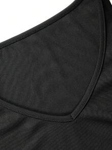 DONICY Women's Black V-Neck Short Sleeve Ruched Drawstring Side Split T-Shirt, Elegant Outfit For Spring Summer Casual Tops - Black - View 5