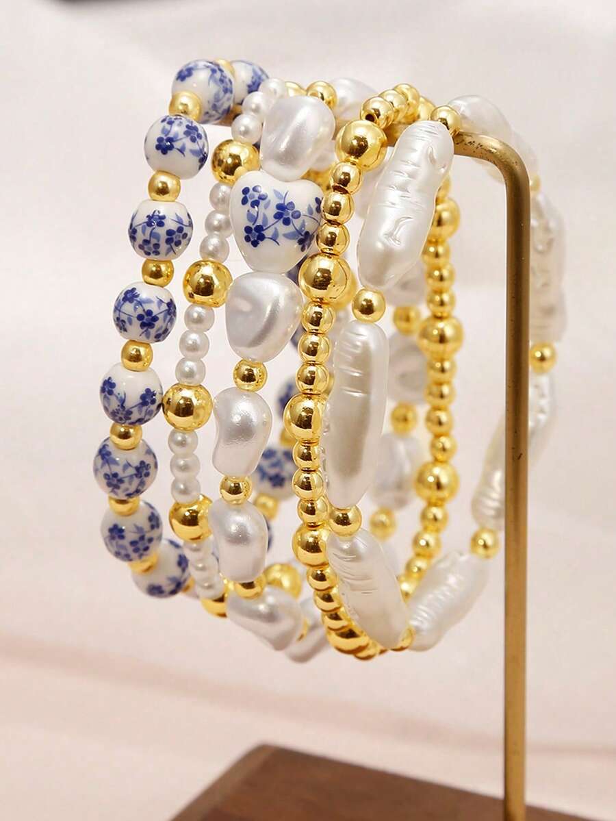 5PCS/Set Boho Style Blue And White Porcelain Faux Baroque Faux Pearl Beaded Golden Beaded Multi-Layer Bracelet Set, Suitable For Women Evening Party & Daily Wear For Woman Teen Girls Valentine's Day Summer Jewelry,Mom,Mother,Mother's Day Gift - Multicolor - View 1