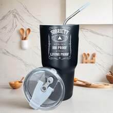 30oz Stainless Steel Tumbler Black White Options,  Sobriety From 100 Proof To Living Proof Graphic Cups, Insulated Travel Coffee Mug With Lid And Straw , Double Wall Vacuum Reusable Travel Cups, Funny Birthday Party Gift For Women & Men - 黑色 - 查看 1