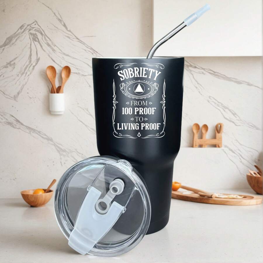 30oz Stainless Steel Tumbler Black White Options, Sobriety From 100 Proof To Living Proof Graphic Cups, Insulated Travel Coffee Mug With Lid And Straw , Double Wall Vacuum Reusable Travel Cups, Funny Birthday Party Gift For Women & Men - 黑色 - 查看 1