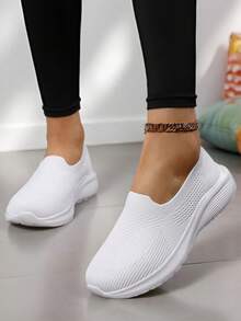 1 par de elegantes sapatos brancos para enfermeira, tênis casuais esportivos de tecido, cor sólida, sem cadarço, adequados para casa, escritório, primavera/outono. - Branco - Ver 9