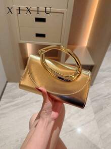 1pc Fashionable Metal Decor Mini Box Clutch Bag, Elegant Shiny Metal Bar Accent Women's Handbag, Luxury Feel For Evening Dress, Party, Wedding, Prom, Metallic Chain Included - Gold - View 1