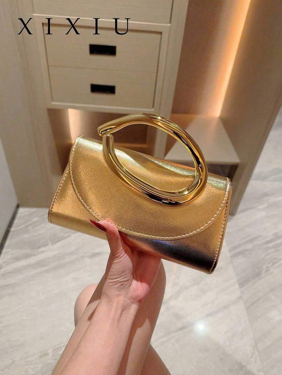 1pc Fashionable Metal Decor Mini Box Clutch Bag, Elegant Shiny Metal Bar Accent Women's Handbag, Luxury Feel For Evening Dress, Party, Wedding, Prom, Metallic Chain Included - Gold - View 1