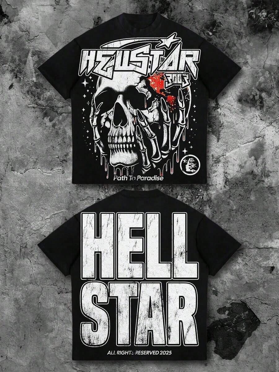 Y2K Tops, Hell Star Paradise Skull Flame Distressed Oversized Graphic Tee, Vintage, Punk, Gothic, Casual,   For Men - màu đen - Xem 1