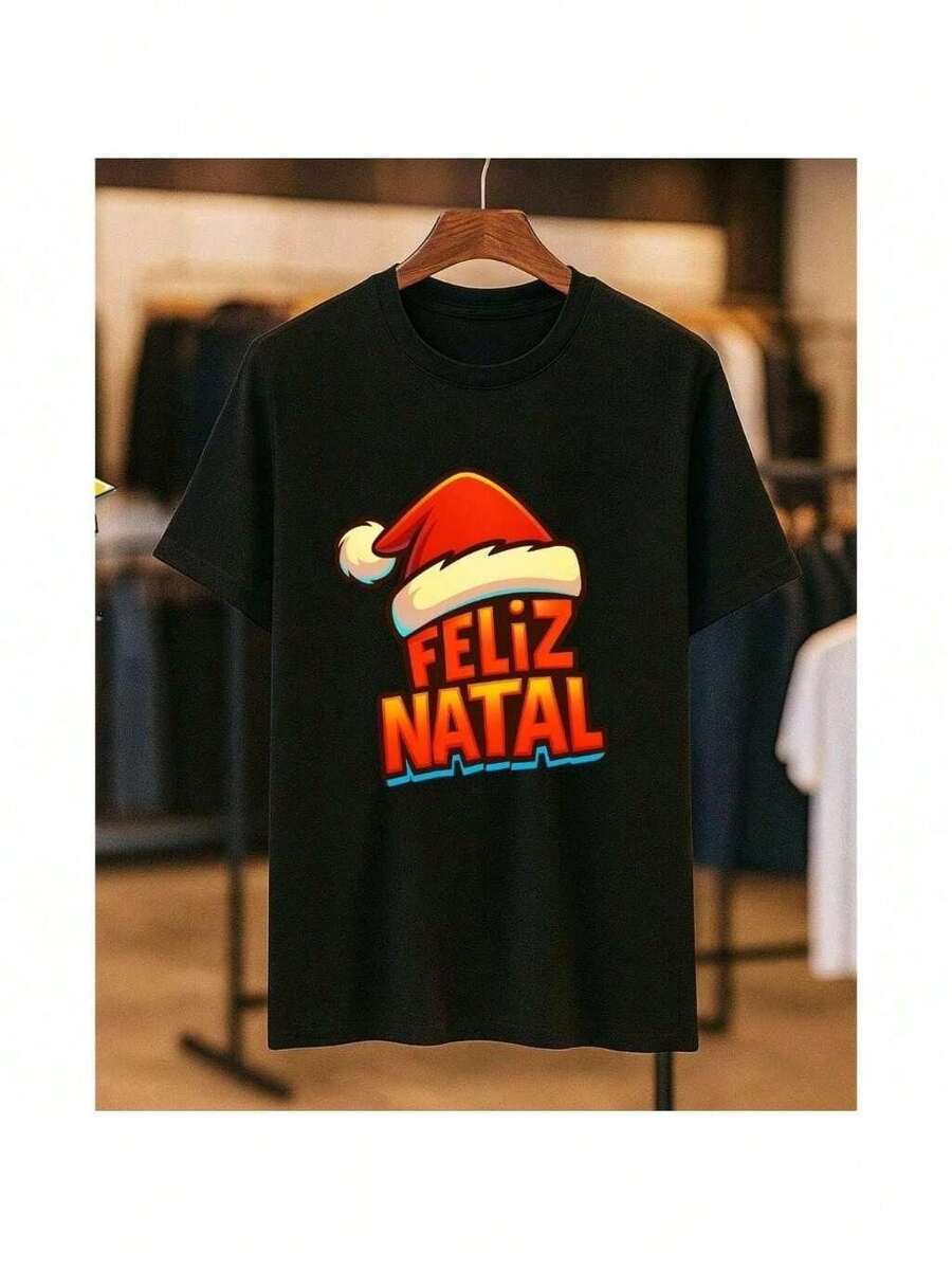 Camiseta Feliz Natal Gorro Estampada 100% Algodão Unissex Masculino Feminino Confortável - Preto - Visão 1