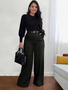 Solid Black High-Waisted Wide-Leg Pants 1pc Elegant Office Casual Loose Fit Chic For Daily Work Date All Seasons - 黑色 - 查看 7