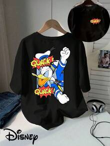 Disney Donald Duck Double-Sided Printed T-Shirt, Short-Sleeved Round Neck Casual Top, Suitable For Summer And Spring, Short-Sleeved Top, Women'S Clothing - màu đen - Xem 1