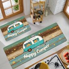 Tapis de bain avec motif de camping à grain de bois coloré et lettrage blanc - résistant à la décoloration, en polyester tricoté, tapis de sol rectangulaire pour la décoration de la salle de bain - Multicolore - Voir 7