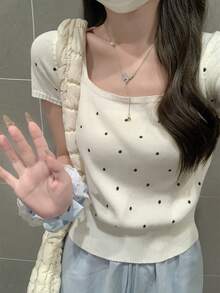 甜辣波点方领短袖针织衫，修身通勤百搭短款针织衫，女士夏季 - 杏色 - 查看 5